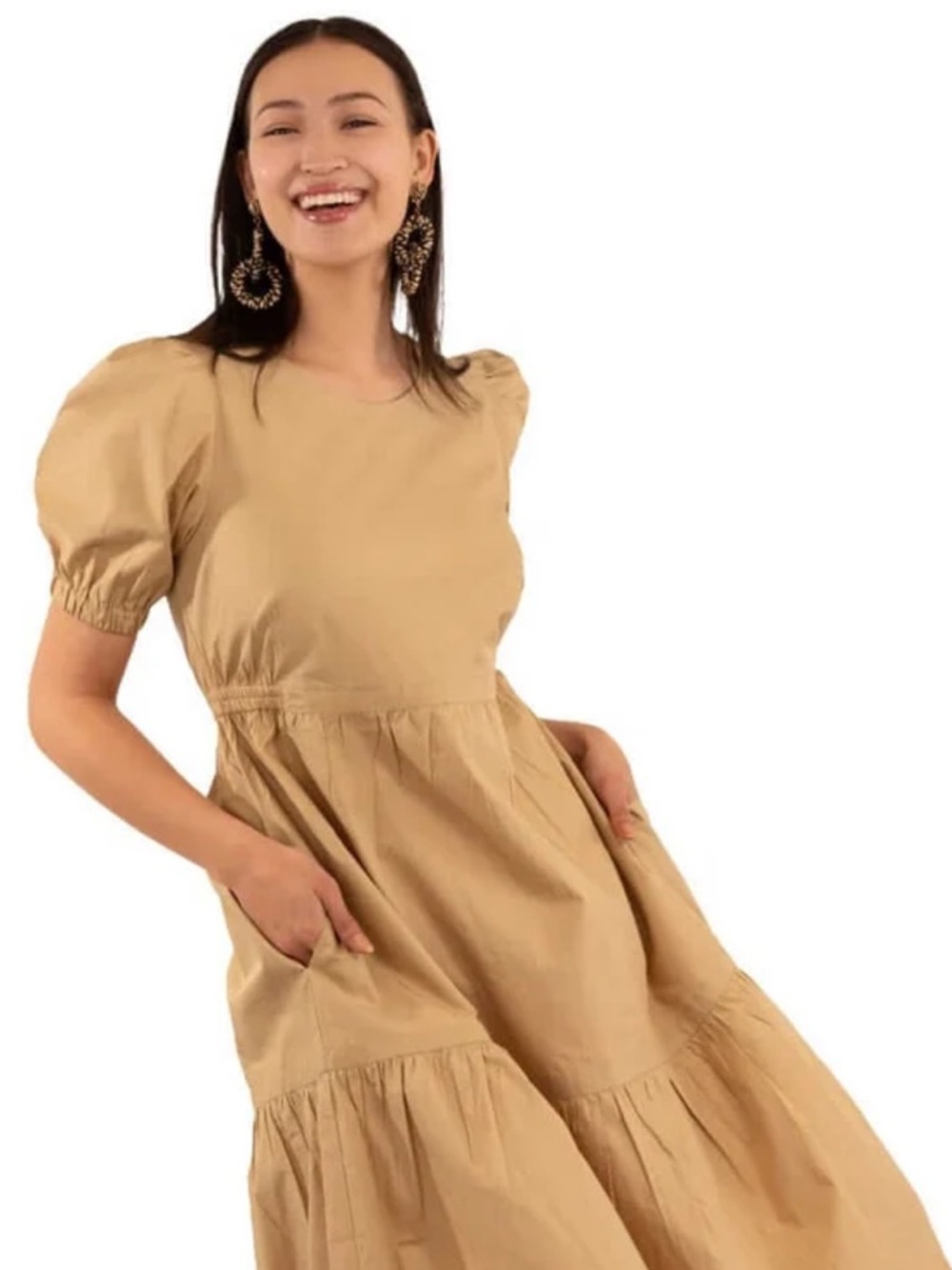 Gretchen Scott cotton dress in tan. Puff sleeves. Size S